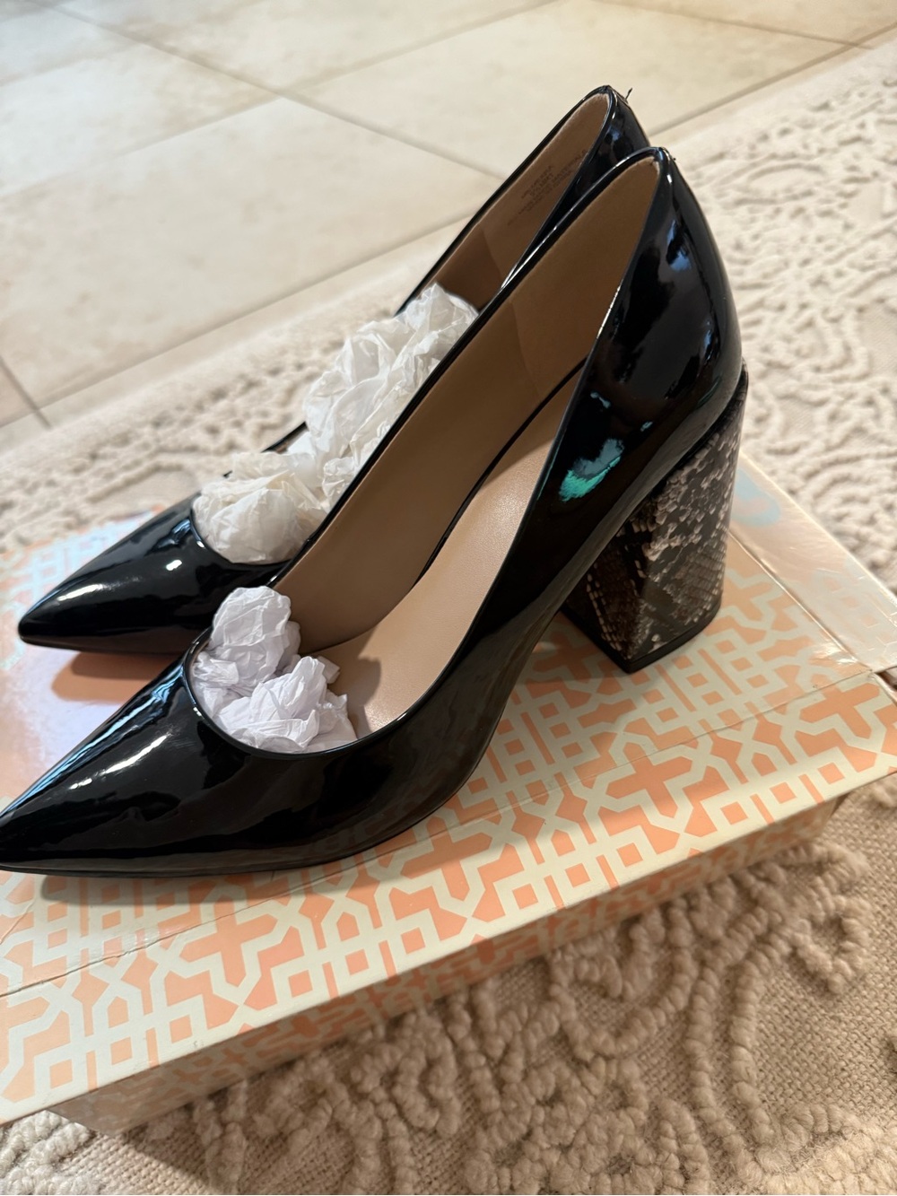 Patent Block Heel Pumps in Black and snakeskin pattern heel 🐍